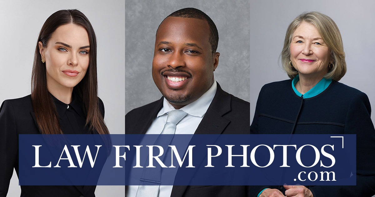 Three professional lawyer headshots side-by-side with Law Firm Photos logo, showcasing high-end corporate attorney portraiture.