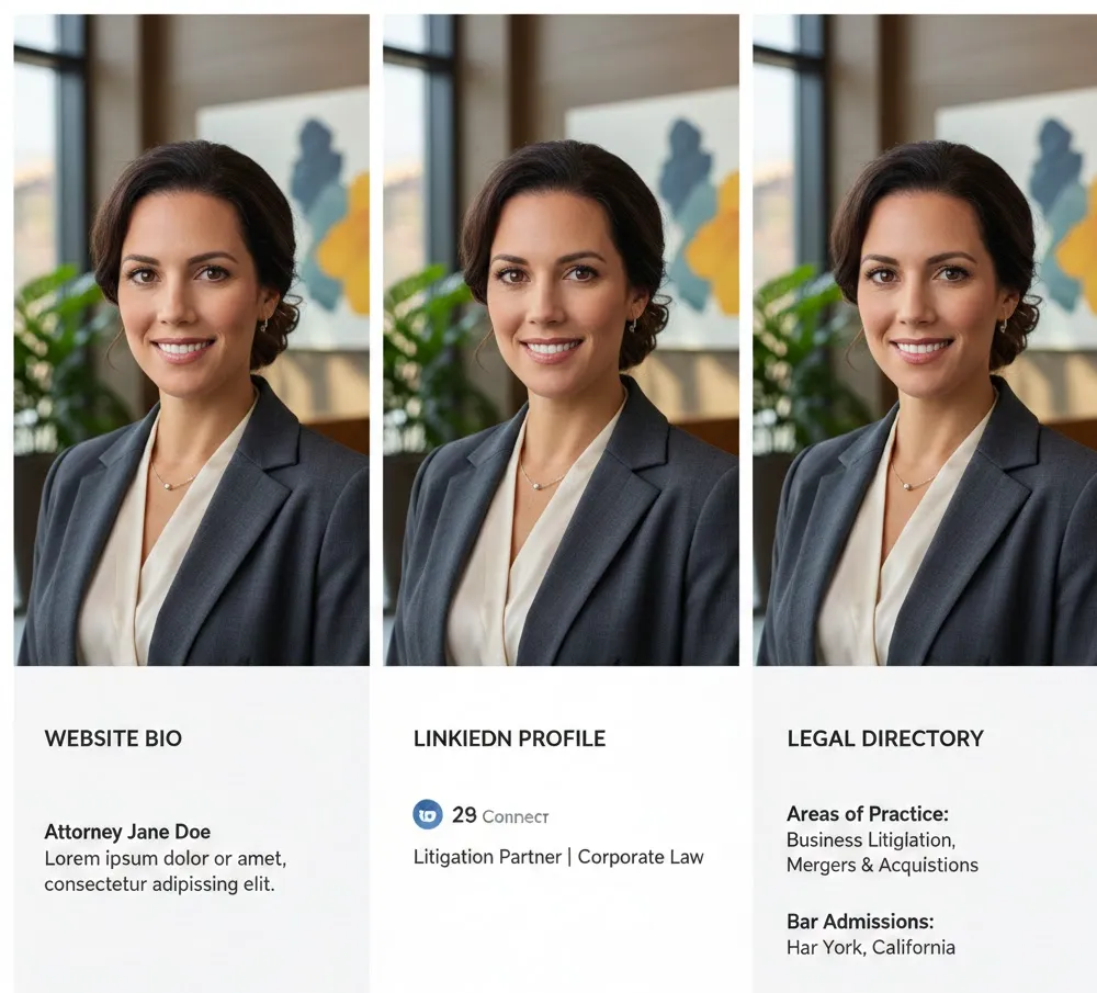 attorney headshot used consistently across website linkedin and legal directory