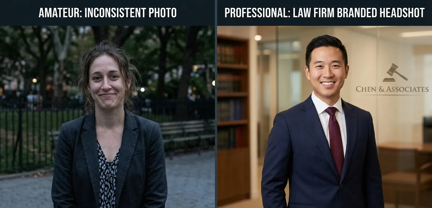 Side-by-side comparison of an inconsistent amateur attorney photo versus a professional lawyer headshot demonstrating visual consistency for law firm branding.
