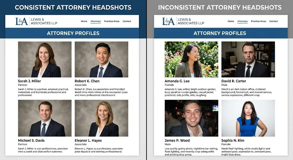 consistent vs inconsistent attorney headshots on law firm website