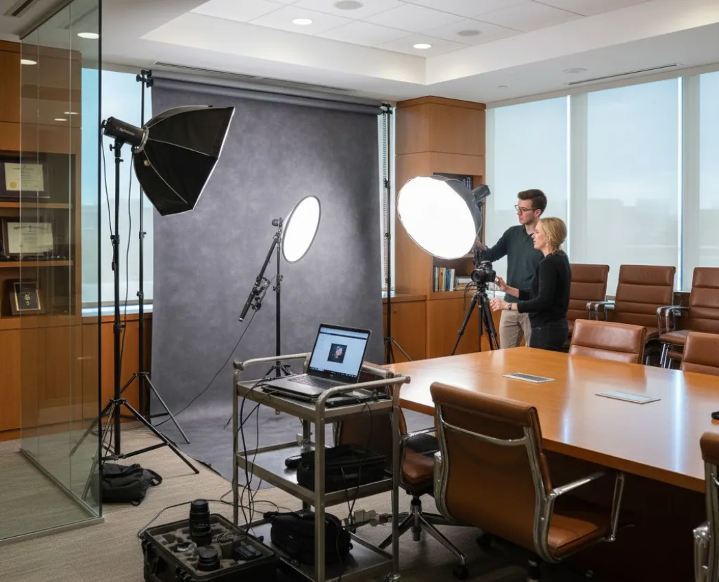 Professional mobile photography studio setup inside law firm conference room for attorney headshots