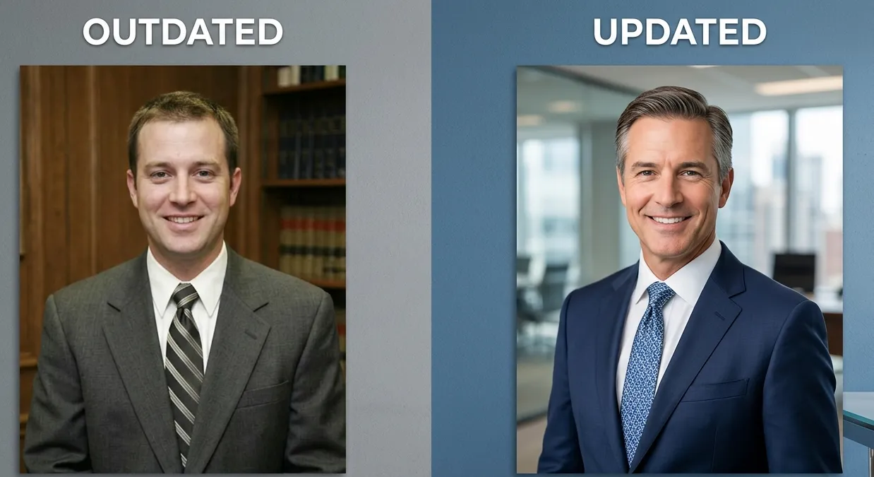 Attorney headshot comparison showing outdated photo vs. updated professional headshot for law firm website.