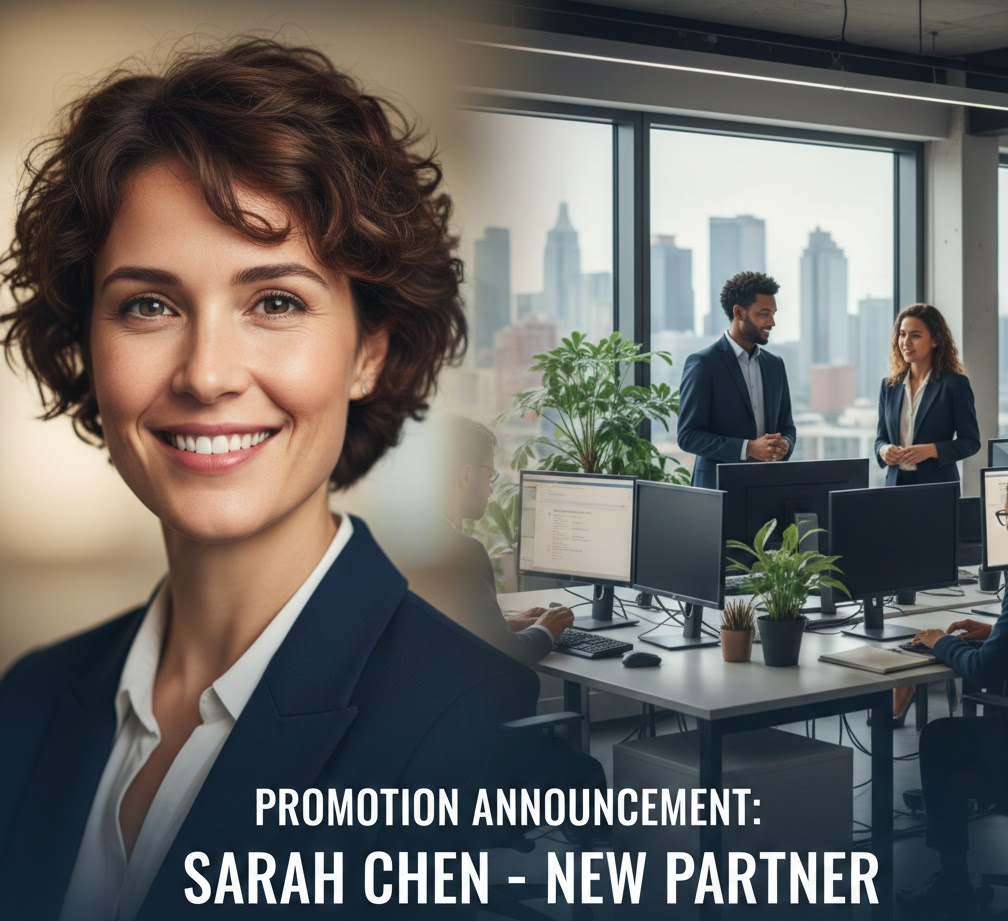 law firm partner promotion announcement photo with headshot and office background