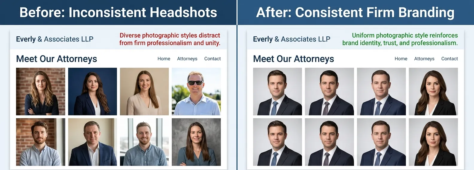Consistent law firm team photography showing matched lighting and background style.
