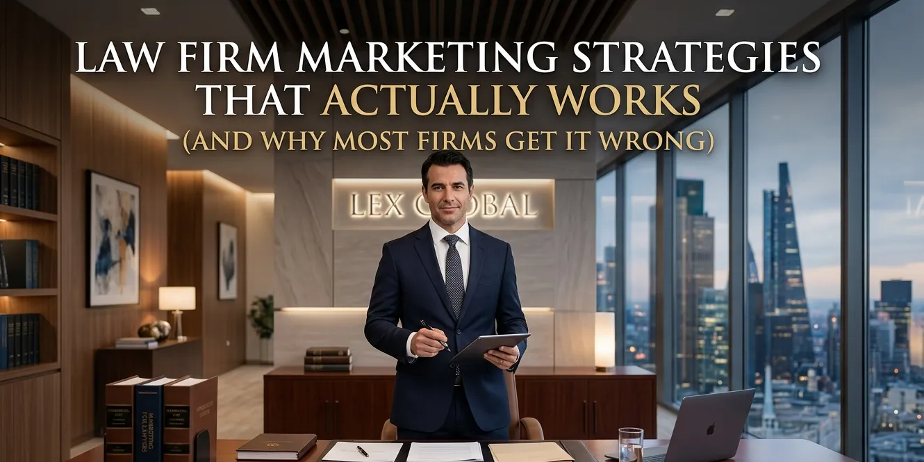 Professional lawyer standing in a modern office discussing effective law firm marketing strategies