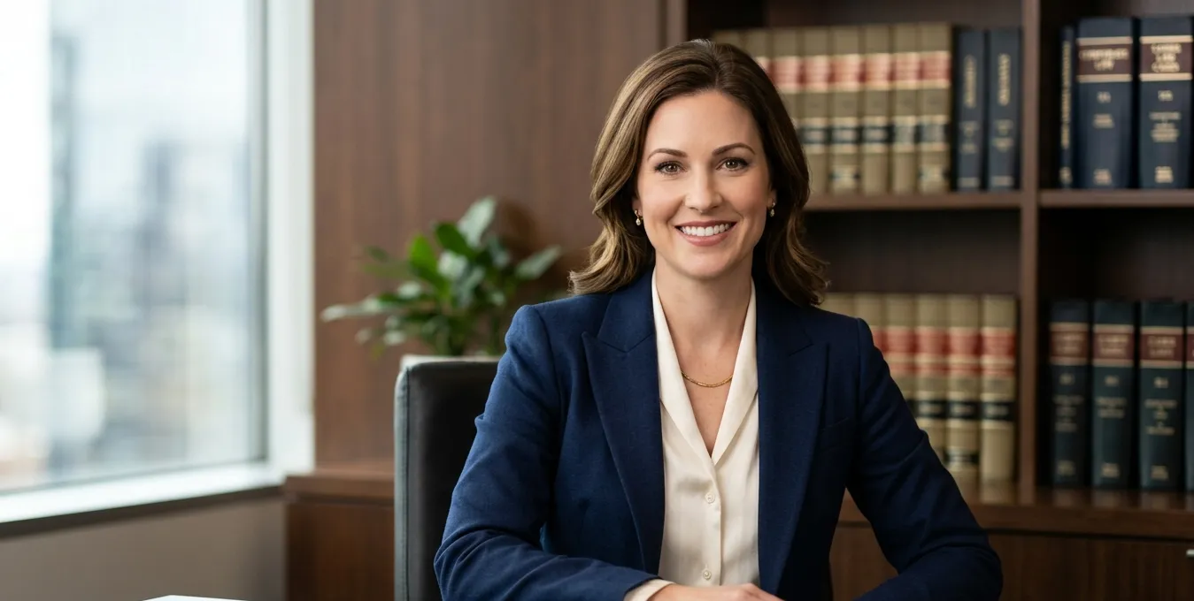 Professional female attorney headshot in a modern law office with confident expression and polished business attire.