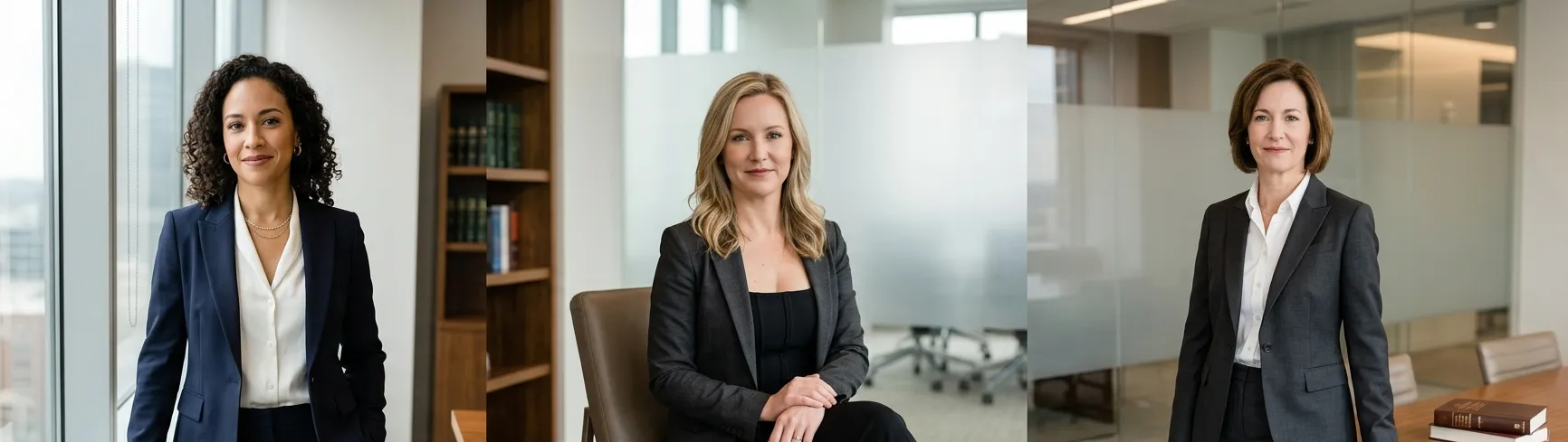 Professional female lawyer headshots in modern office settings showcasing confident posing, business attire, and attorney branding photography.