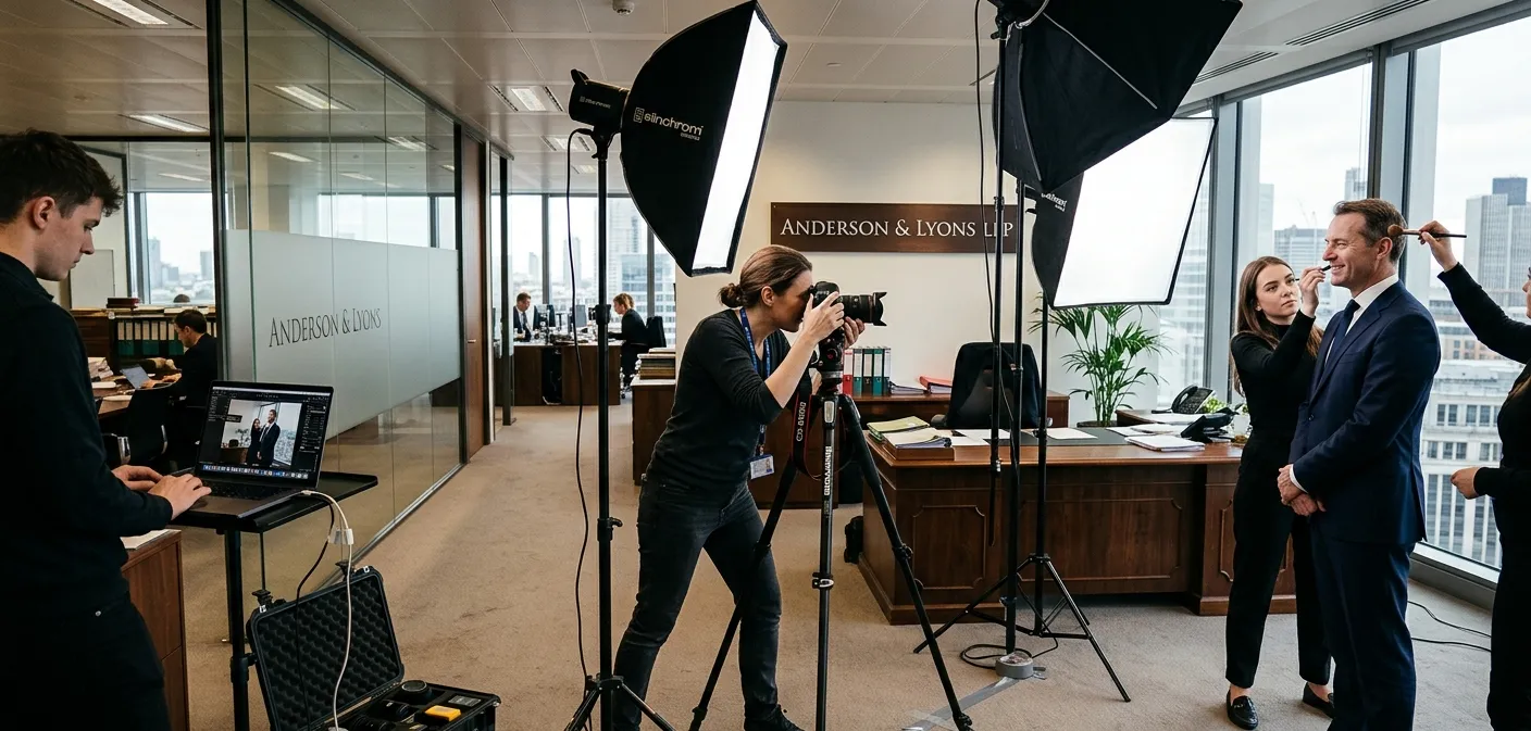 On-location law firm photography session with professional lighting equipment