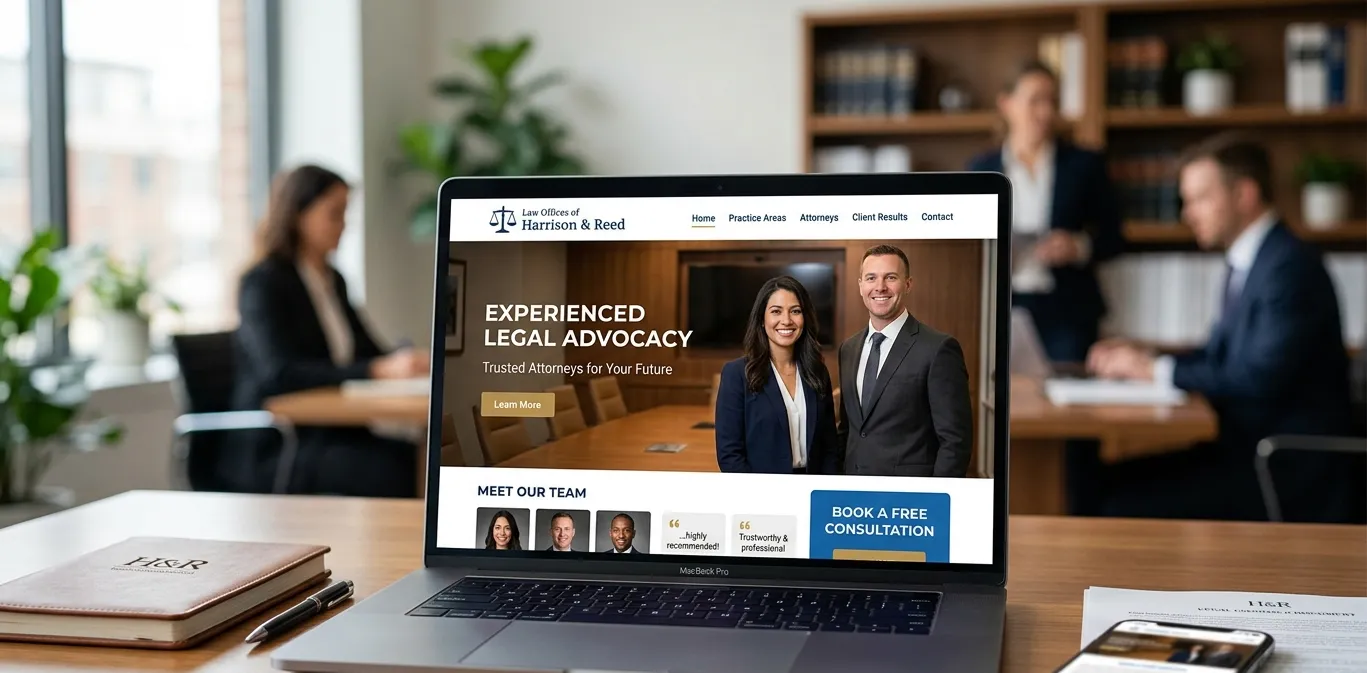 Law firm website displayed on a laptop featuring professional attorney photos and legal branding imagery in a modern office setting.