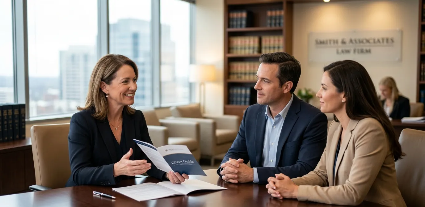 Professional attorney consulting with clients in a modern law office during a law firm branding and legal photography session.