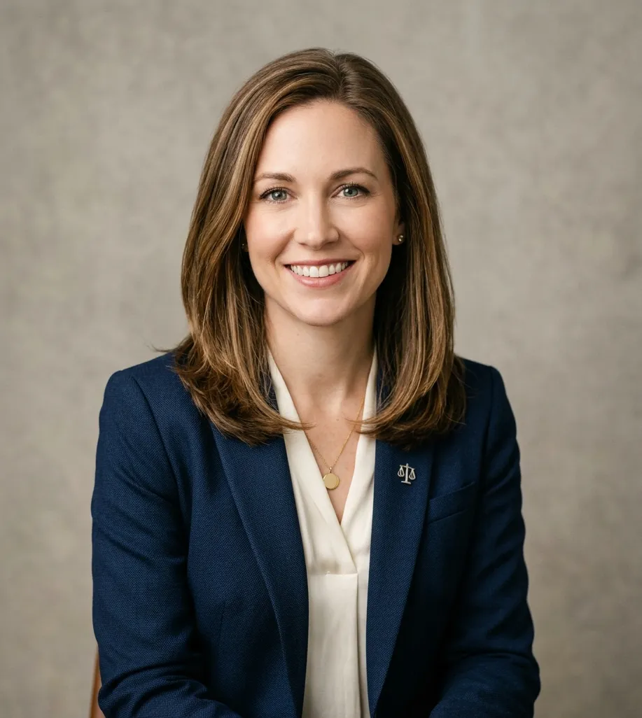 Professional headshot of female attorney in navy blazer against neutral studio backdrop.