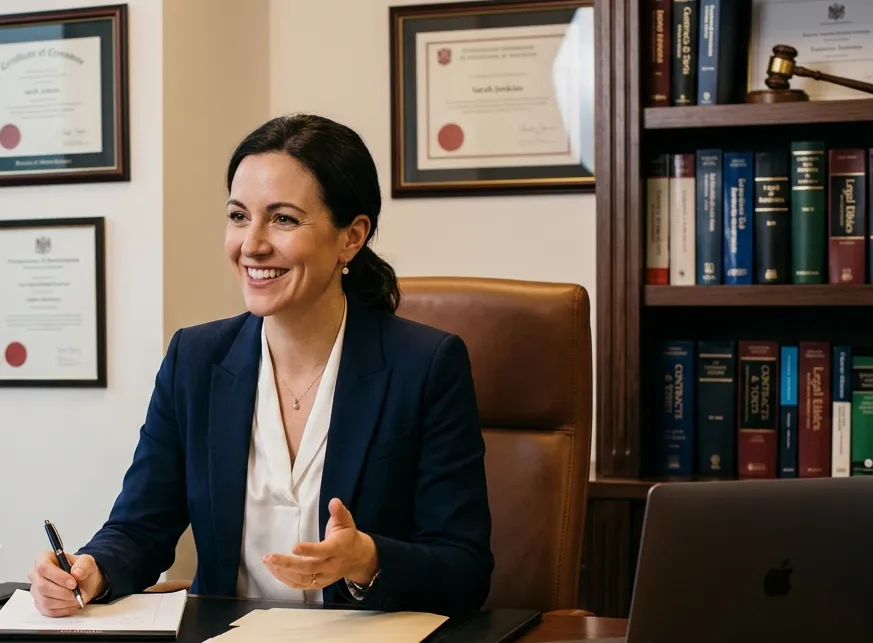 Female attorney meeting with a client in a professional law office during a personal branding and lawyer photography session.