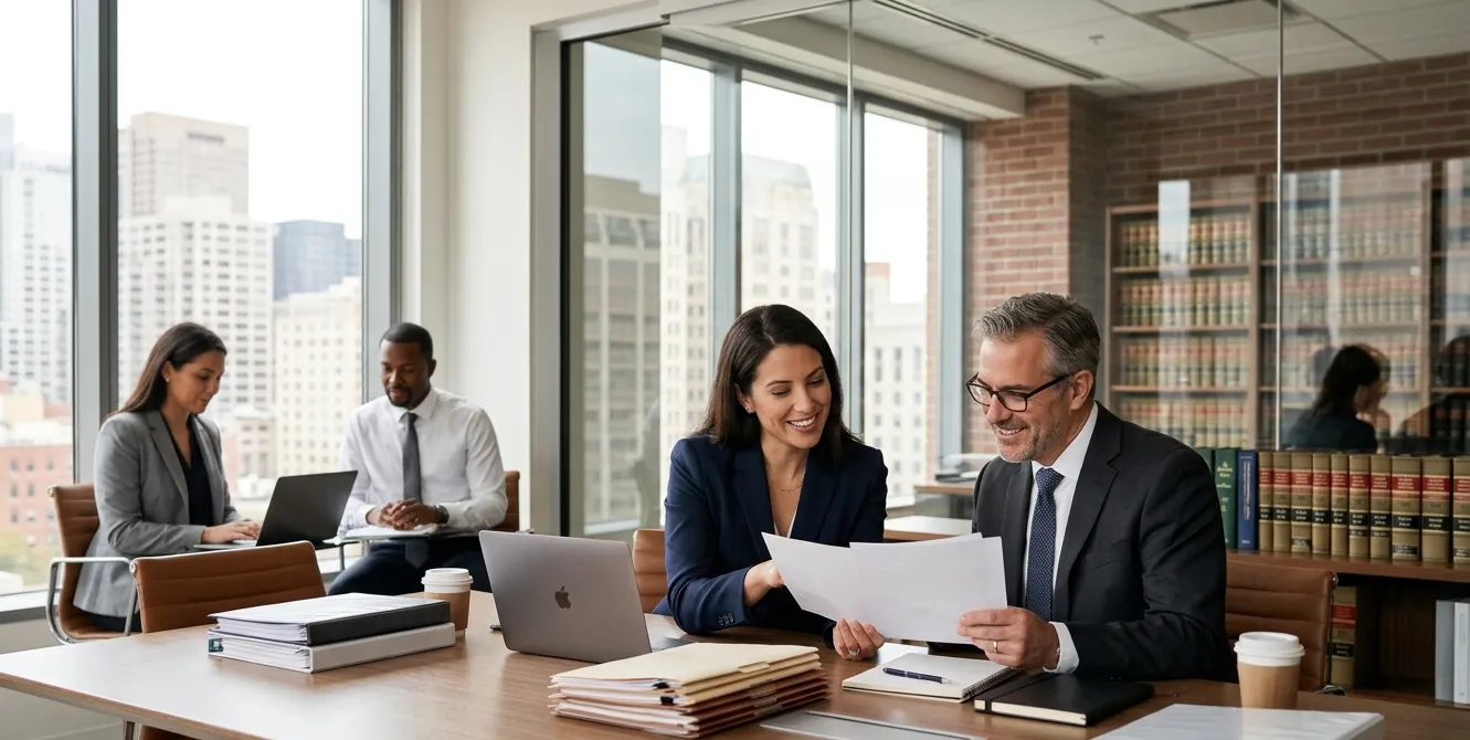 Law firm team collaborating in a modern office during a professional branding photography session for attorneys and legal professionals.
