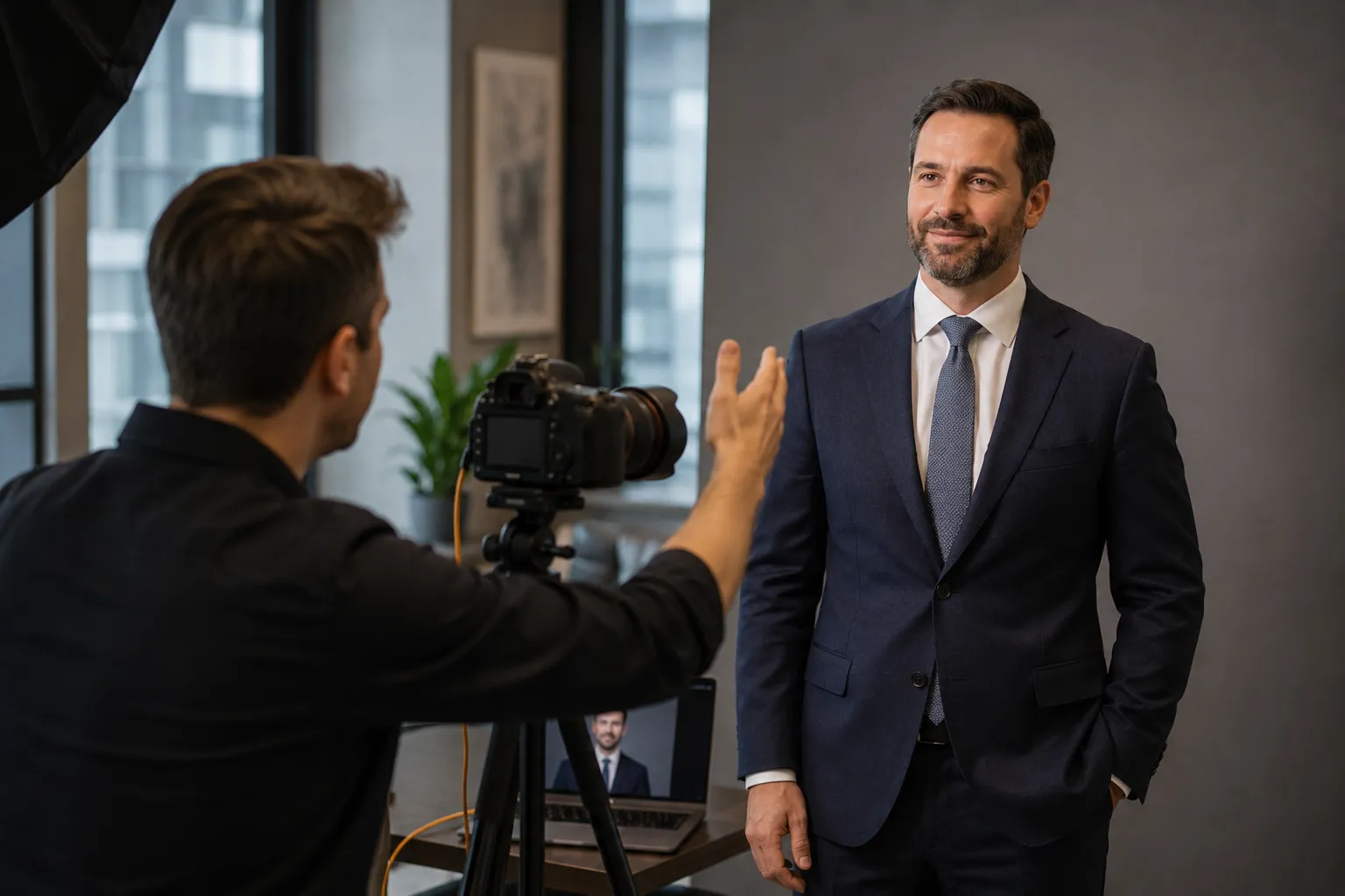 Professional photographer guiding an attorney through posing and expression during a headshot session in a modern law office.
