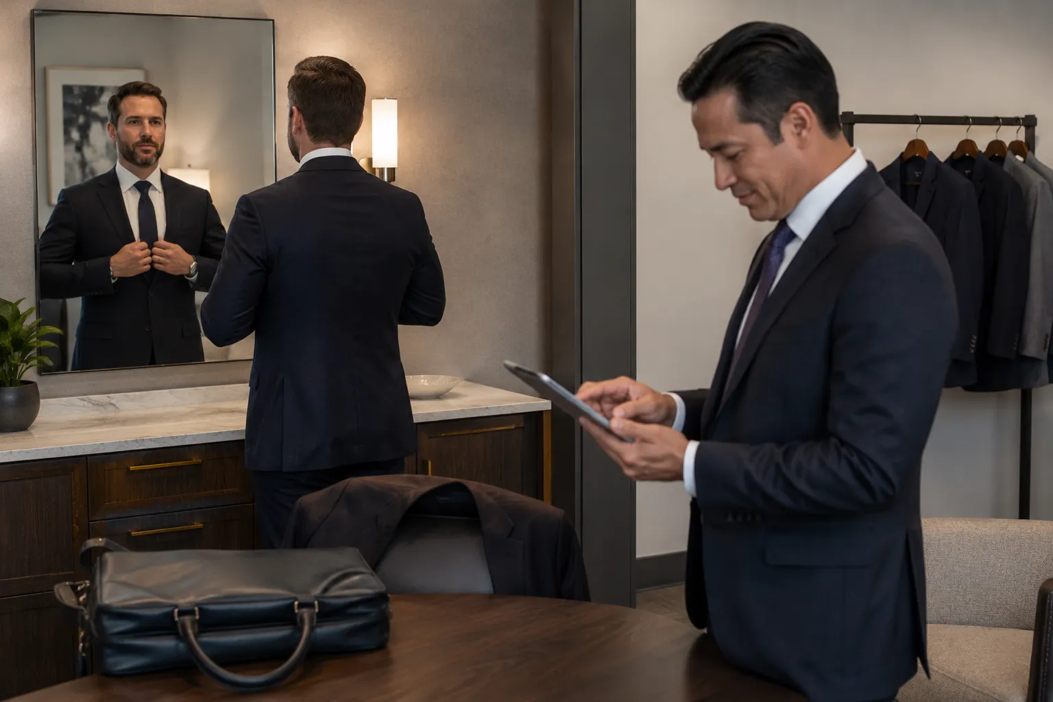 Attorneys preparing for a headshot session by adjusting business attire and reviewing the photography schedule in a modern law office.