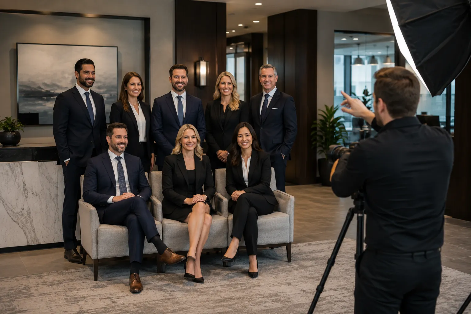 Professional photographer arranging a law firm team for a group portrait in a modern office with studio lighting and coordinated business attire.
