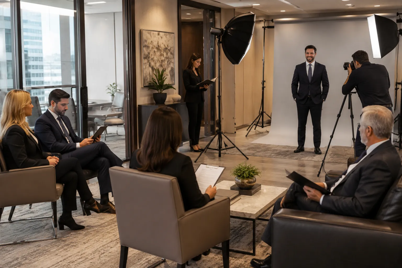 Law firm attorneys waiting for scheduled headshots while a professional photographer captures an attorney portrait in a modern office.