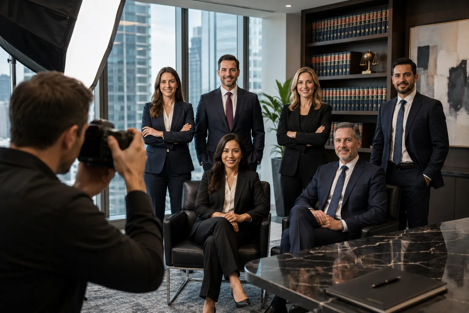 Professional law firm photography session featuring a team of attorneys posing in a modern office while a photographer captures corporate branding portraits.