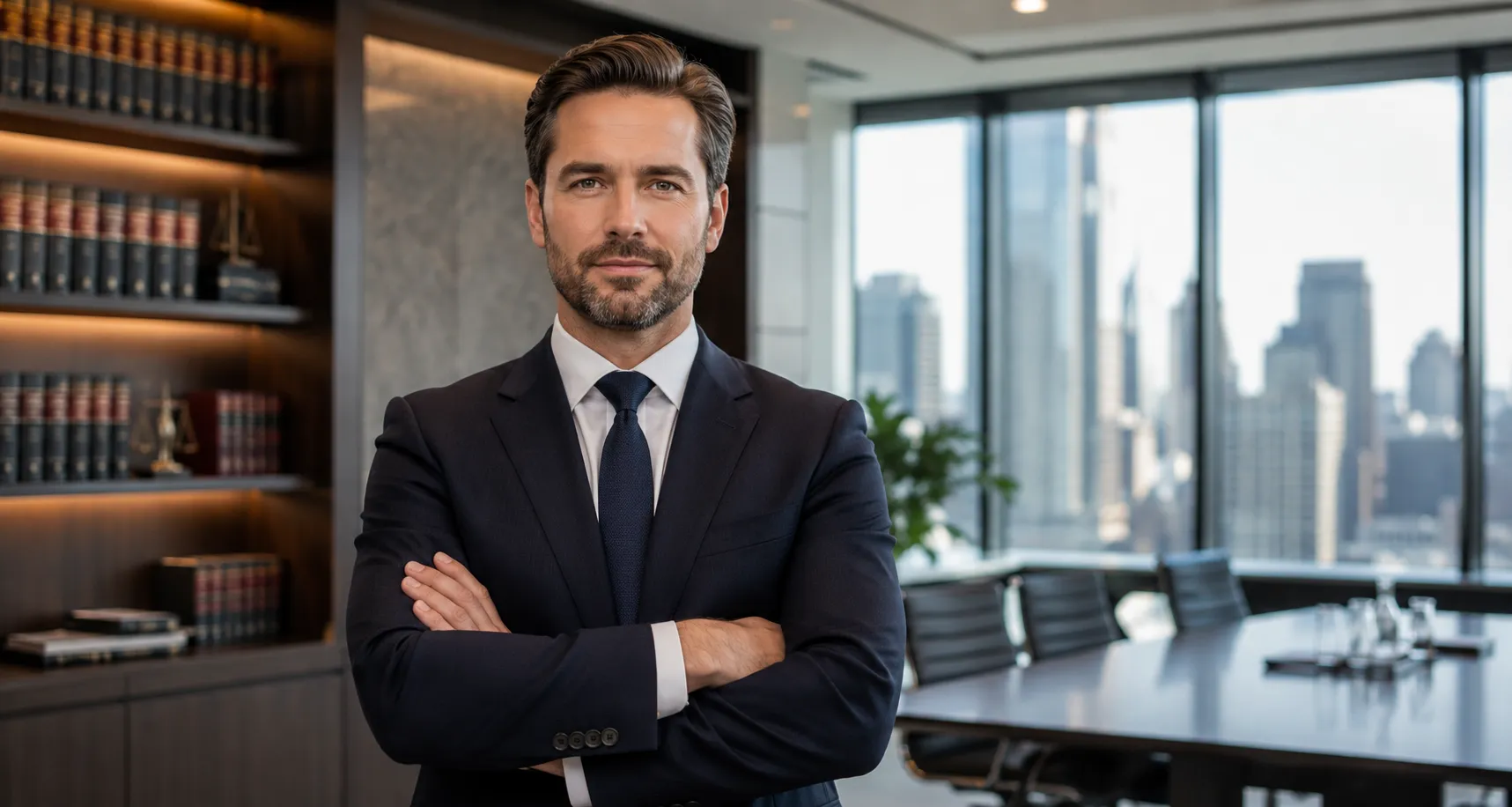 Confident lawyer standing in a modern law office with city skyline views, showcasing professionalism, trust, and personal branding for legal services.