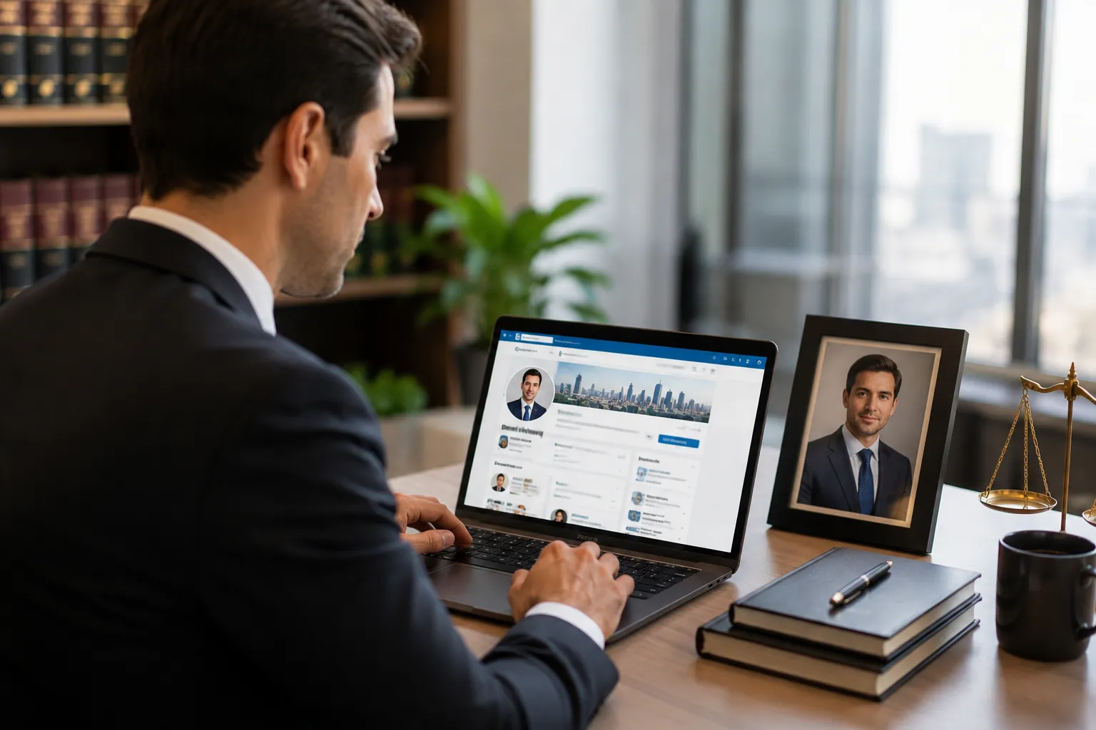 Professional attorney in a tailored suit standing confidently in a modern law firm conference room, representing trust, authority, and personal branding in the legal industry.