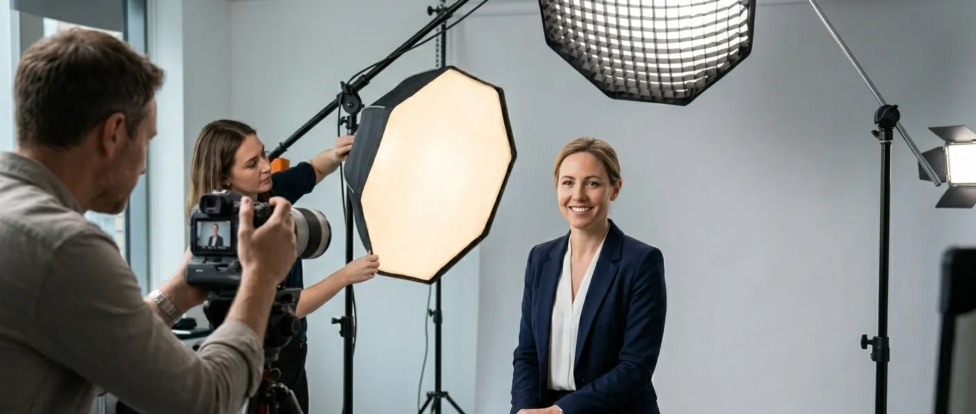 Professional photographer capturing a female lawyer headshot during a studio photography session with professional lighting equipment.