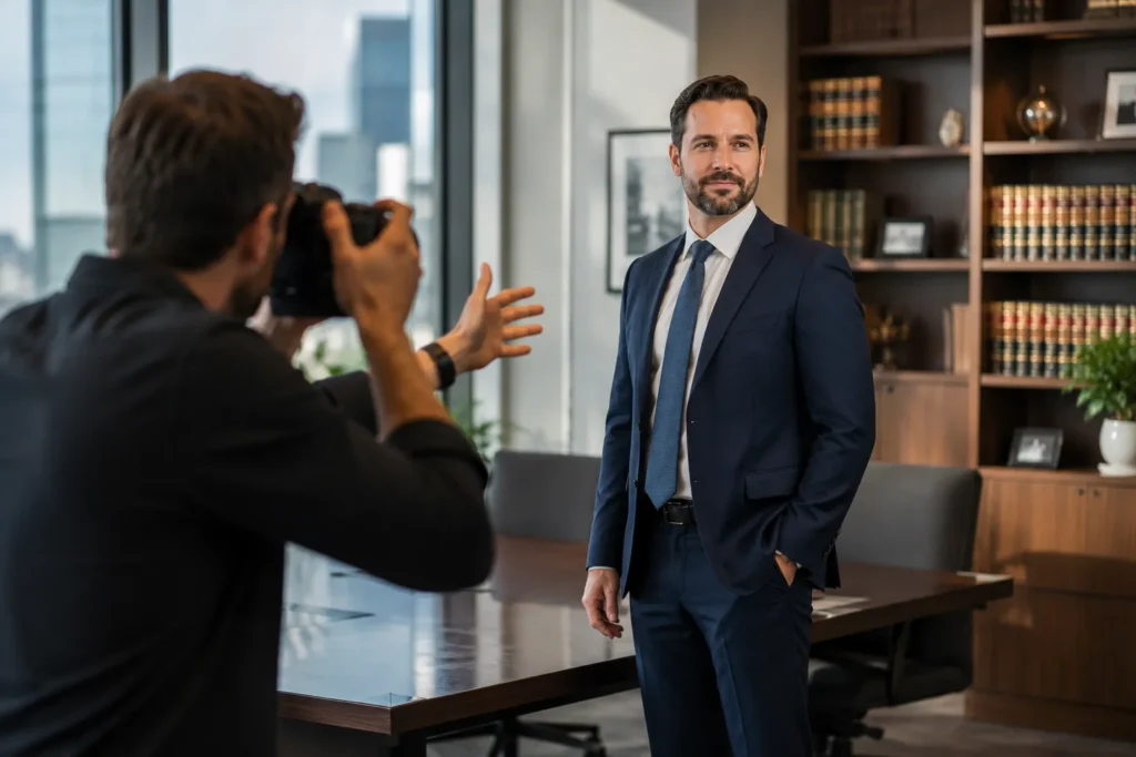 Professional photographer directing an attorney during an on-location headshot session inside a modern law office with bookshelves and executive workspace.