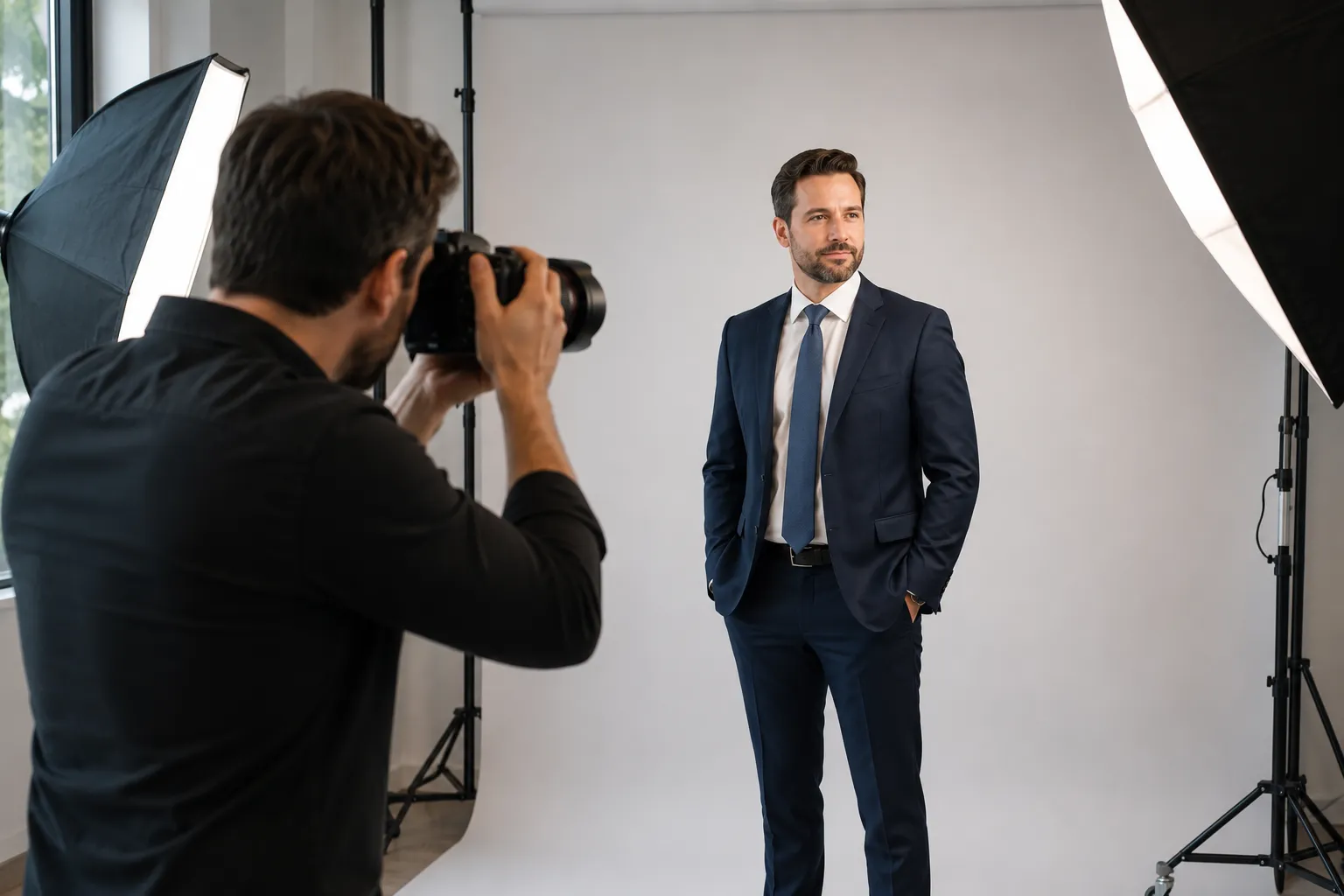 Professional photographer capturing a studio-style attorney headshot with softbox lighting and a neutral backdrop.