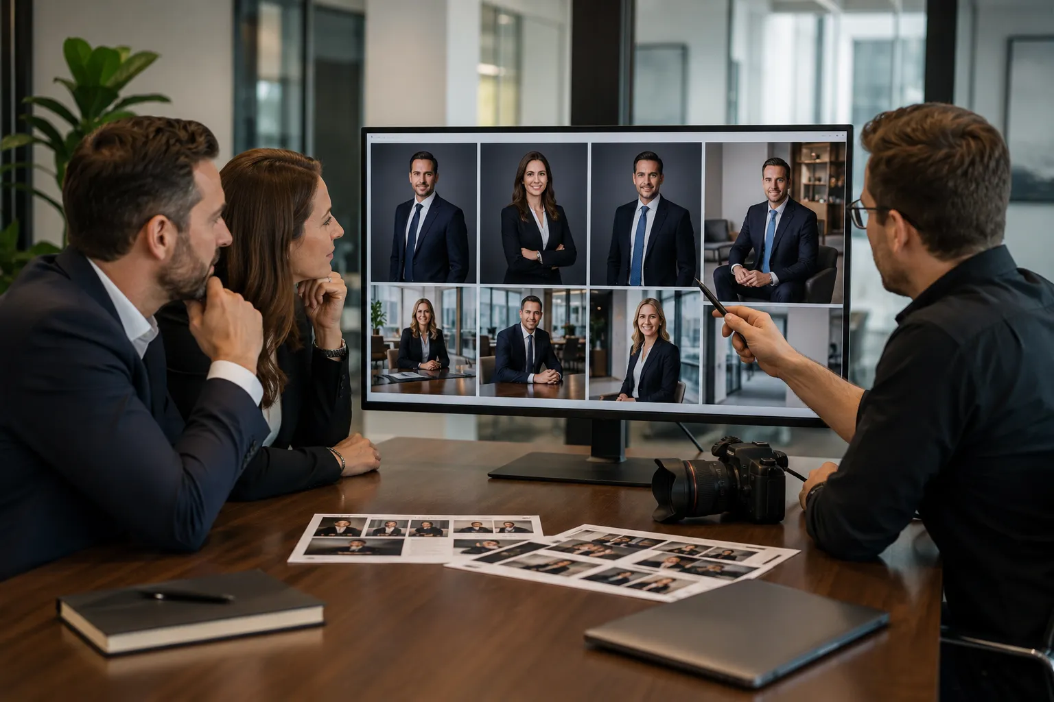 Two attorneys reviewing studio and on-location headshot options with a professional photographer during a branding consultation in a modern law firm conference room.